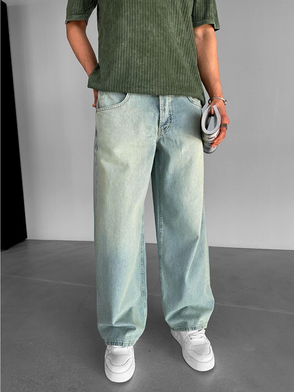 Extra Baggy Fit Yıkamalı Jean Pantolon Buz Mavi