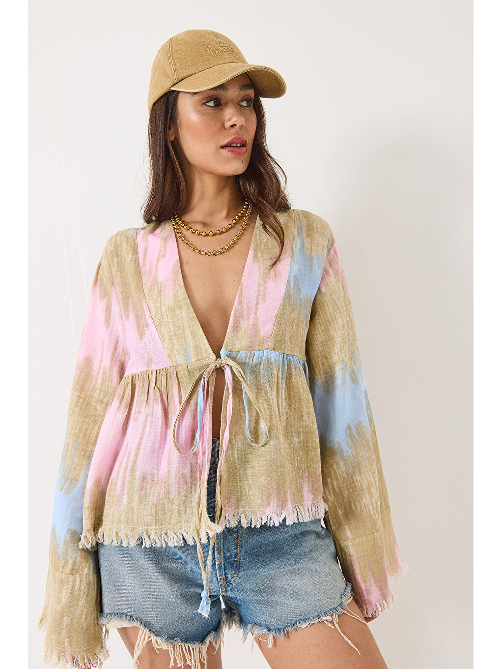 Bej Kadın V Yaka Renk Desenli Bağlama Detaylı Yumoş Müslin Kimono-1