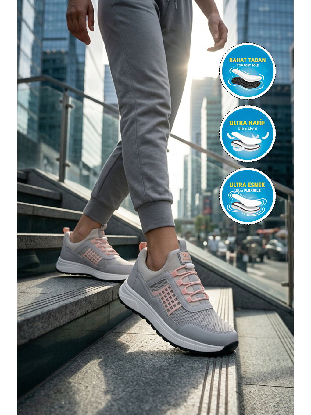 Pembe Buz Pudra Fileli Hafif Esnek Kilit Bağcıklı Unisex Spor Ayakkabı Motano G-2