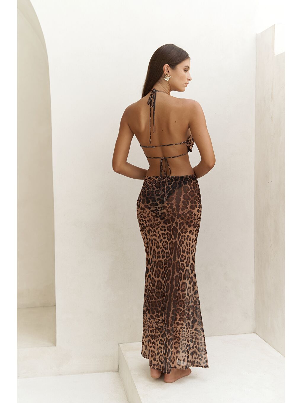 Bej Griffin Bağcık Detaylı Leopar Desenli Uzun Elbise-4