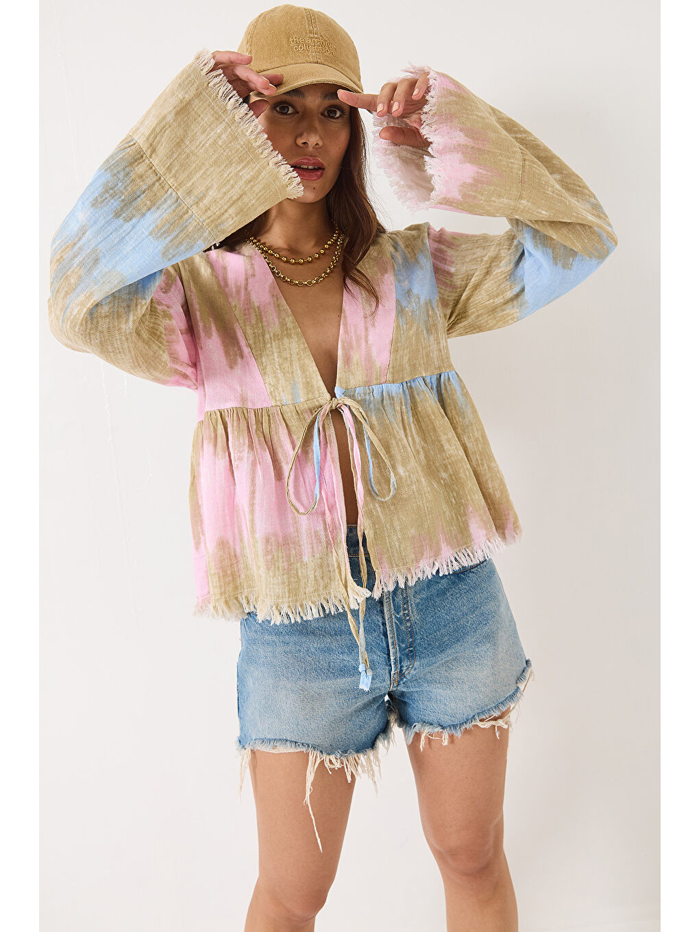 Bej Kadın V Yaka Renk Desenli Bağlama Detaylı Yumoş Müslin Kimono-2