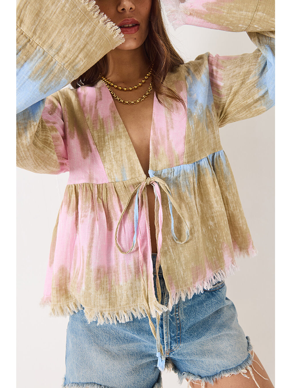 Bej Kadın V Yaka Renk Desenli Bağlama Detaylı Yumoş Müslin Kimono-3