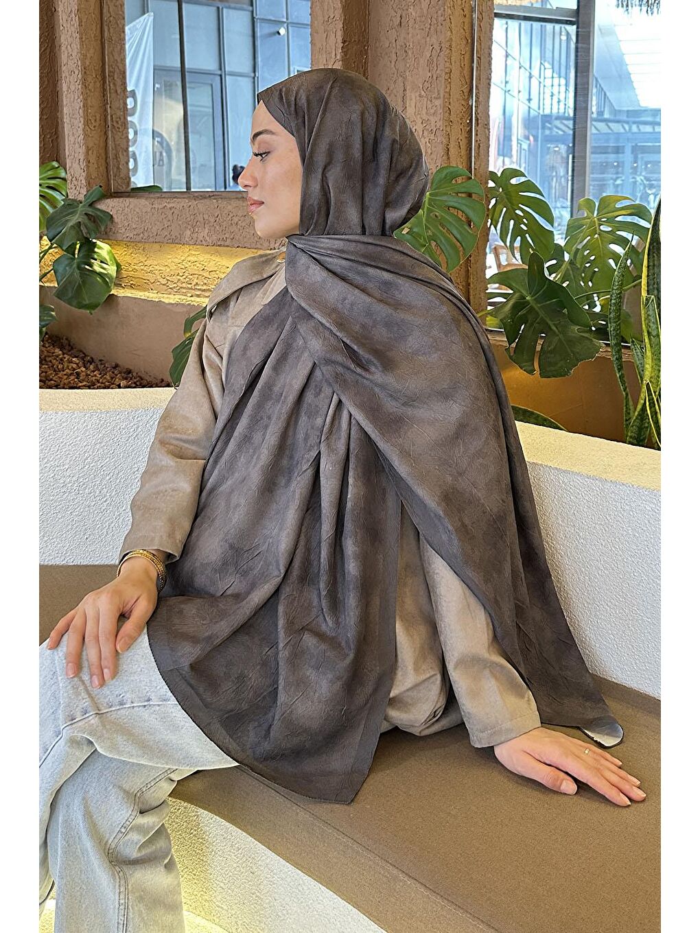 Kahverengi Bulut Desen Bambu Şal Toprak-3