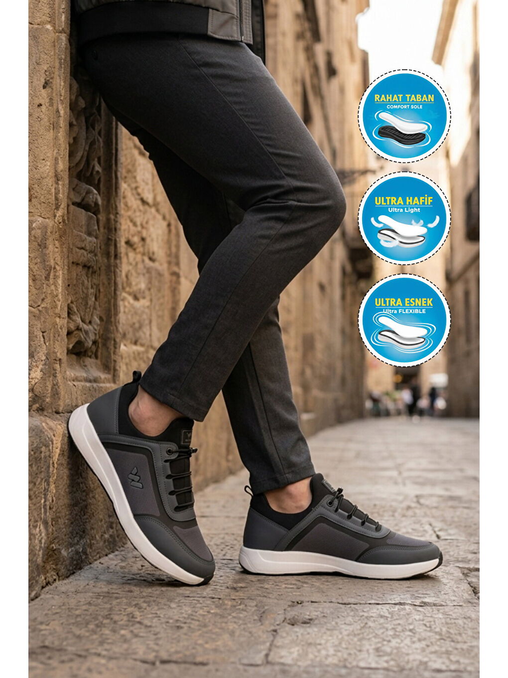 Gri Füme Hafif Esnek Kilit Bağcıklı Erkek Spor Ayakkabı Bertina M-2