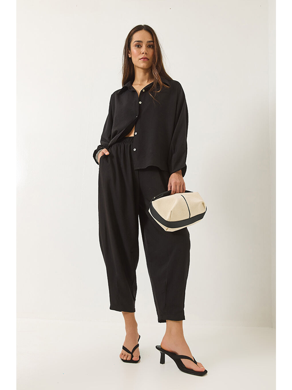 Siyah Kadın Yarasa Kol Gömlek Şalvar Pantolonlu Eliza Alt-Üst Takım-1