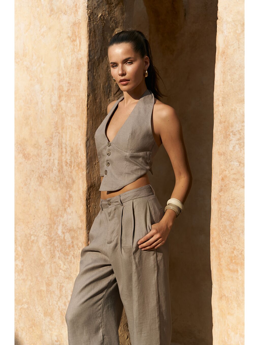Gri Lvdovila Füme Keten Crop Yelek Pantolon Takım-3