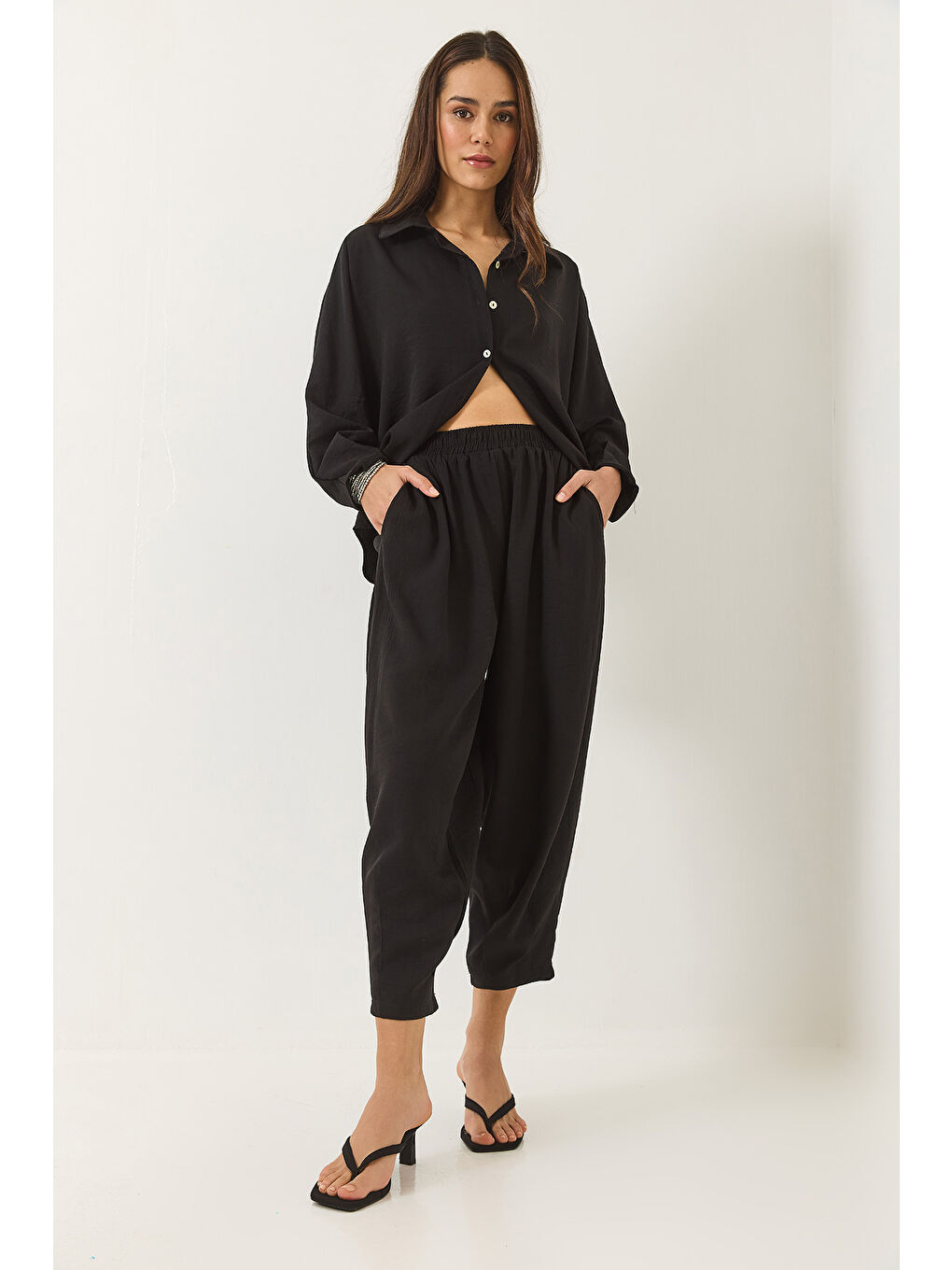 Siyah Kadın Yarasa Kol Gömlek Şalvar Pantolonlu Eliza Alt-Üst Takım-2