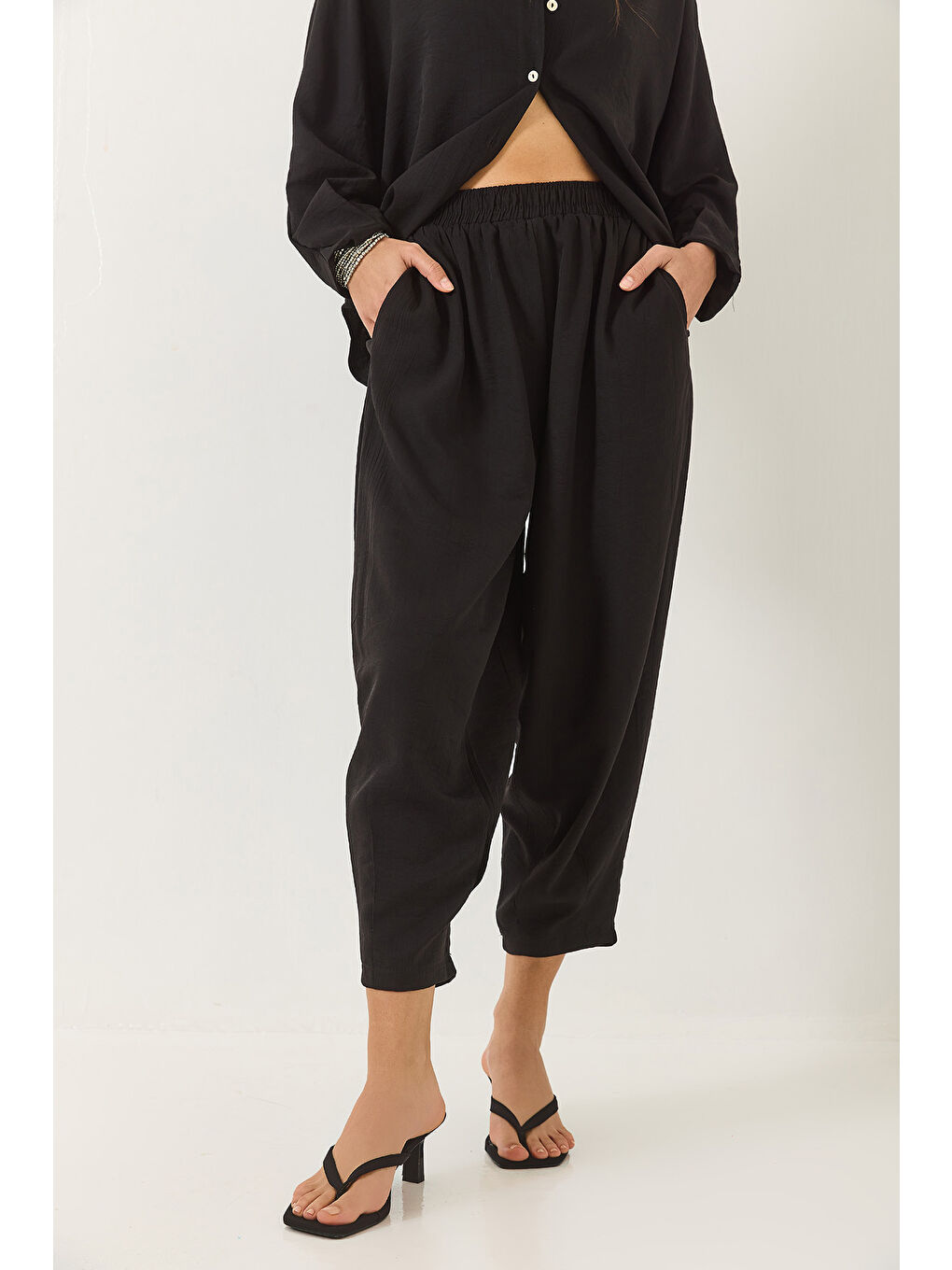 Siyah Kadın Yarasa Kol Gömlek Şalvar Pantolonlu Eliza Alt-Üst Takım-3