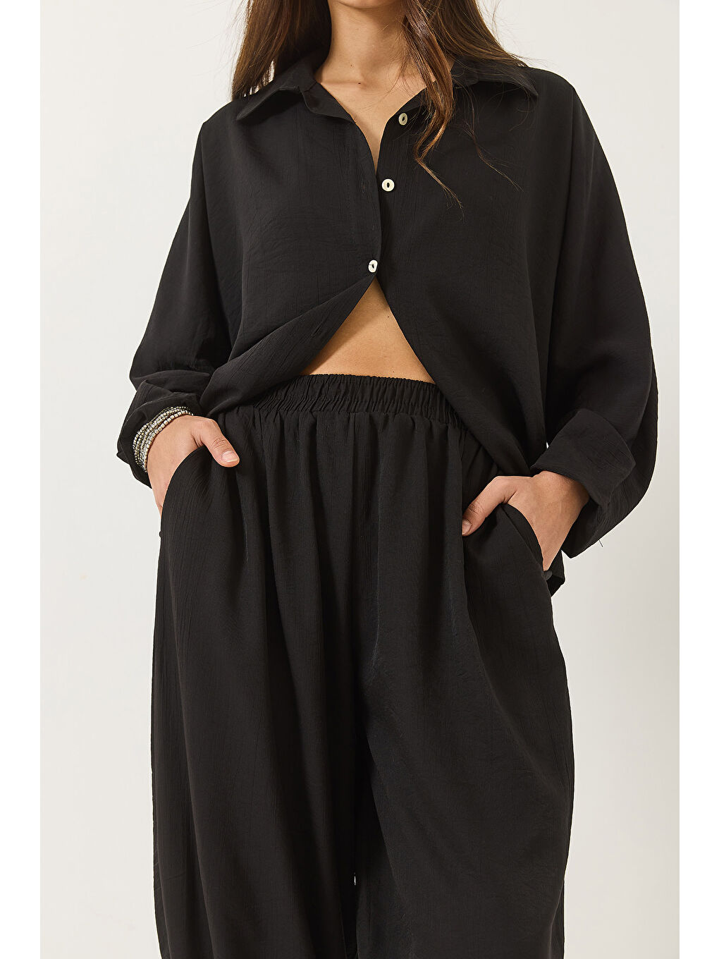 Siyah Kadın Yarasa Kol Gömlek Şalvar Pantolonlu Eliza Alt-Üst Takım-4