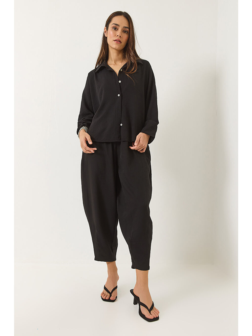 Siyah Kadın Yarasa Kol Gömlek Şalvar Pantolonlu Eliza Alt-Üst Takım-5