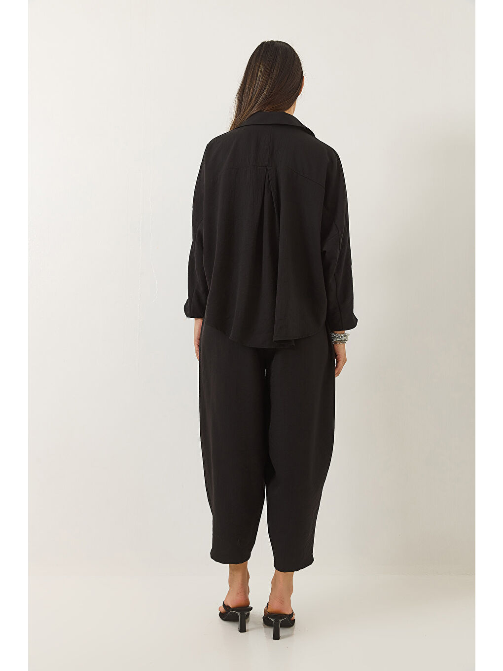Siyah Kadın Yarasa Kol Gömlek Şalvar Pantolonlu Eliza Alt-Üst Takım-6