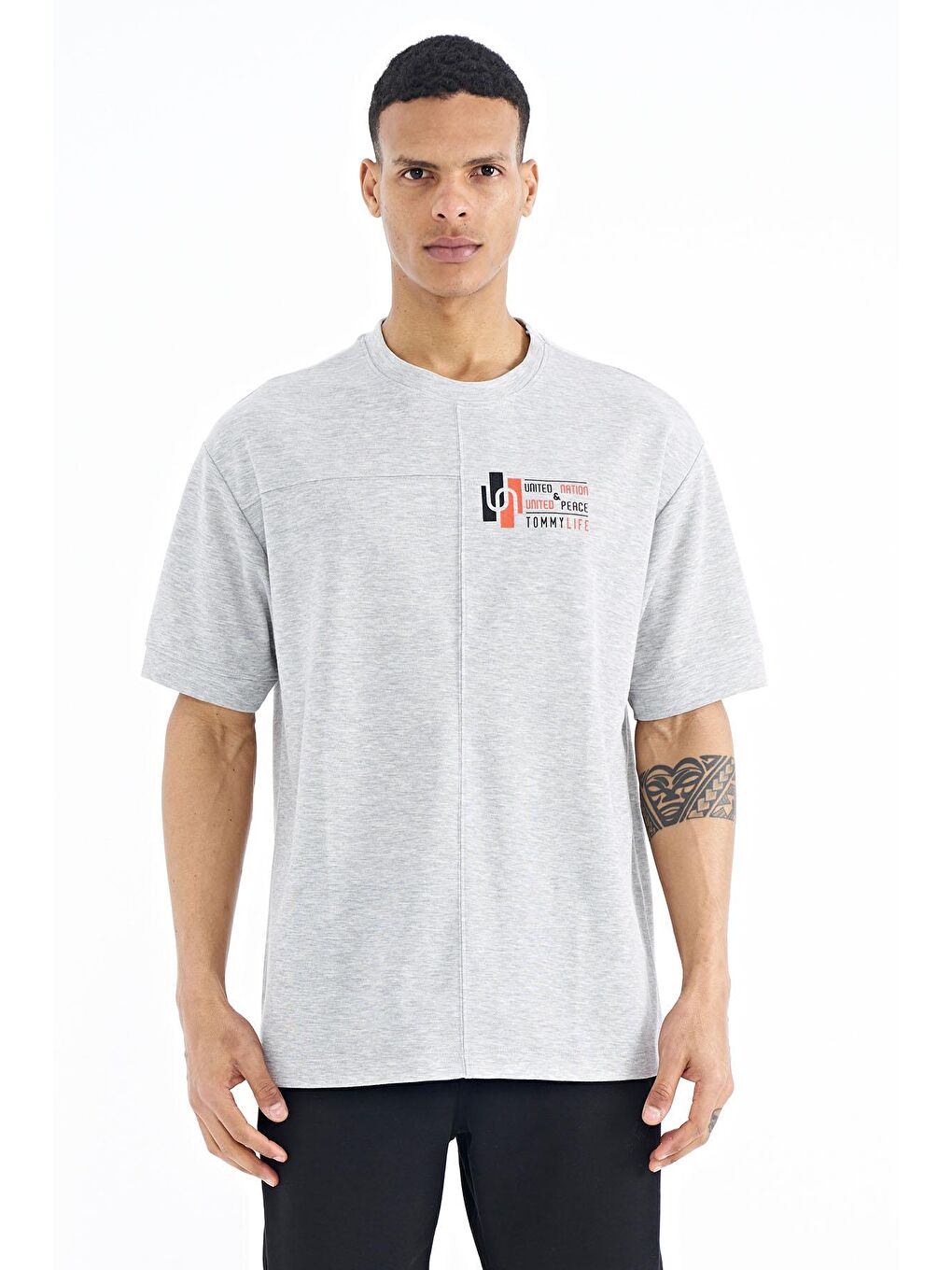 Gri Melanj Yazı Baskı Detaylı O Yaka Oversize Erkek Tişört - 88197