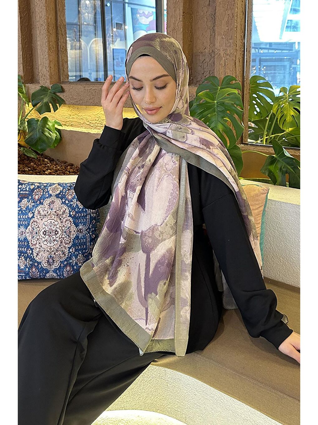 Flora Garden Desen Bambu Şal Haki-2