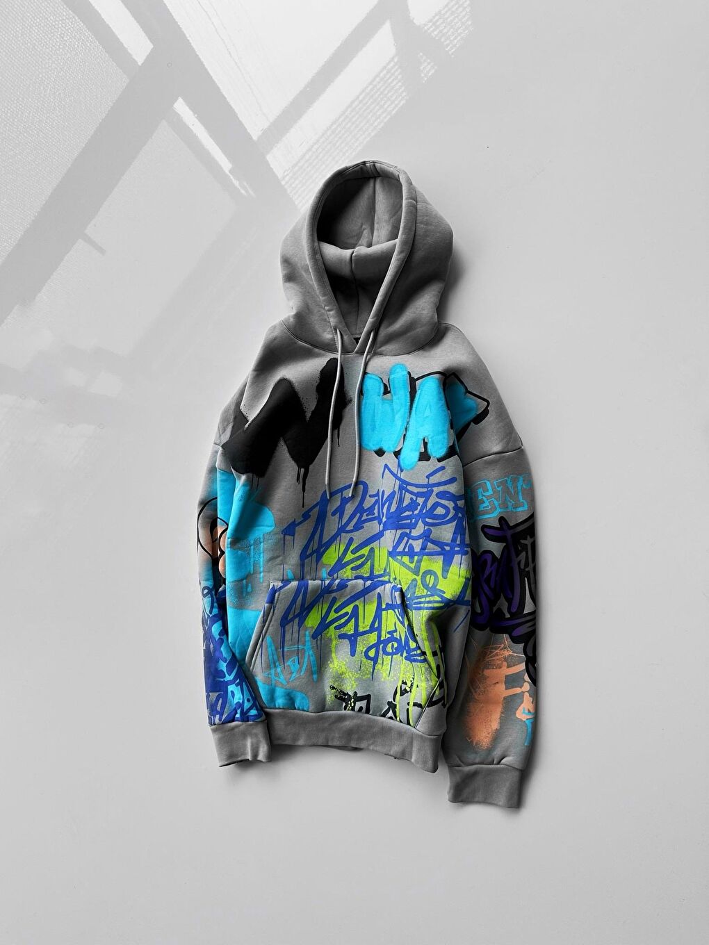 ablukaonline Gri Erkek Oversize Graffiti Kapüşonlu Sweatshirt Gri - 2