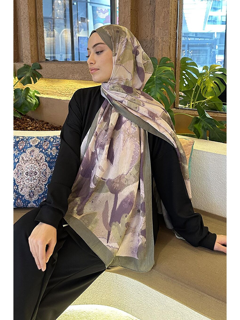 Flora Garden Desen Bambu Şal Haki-3