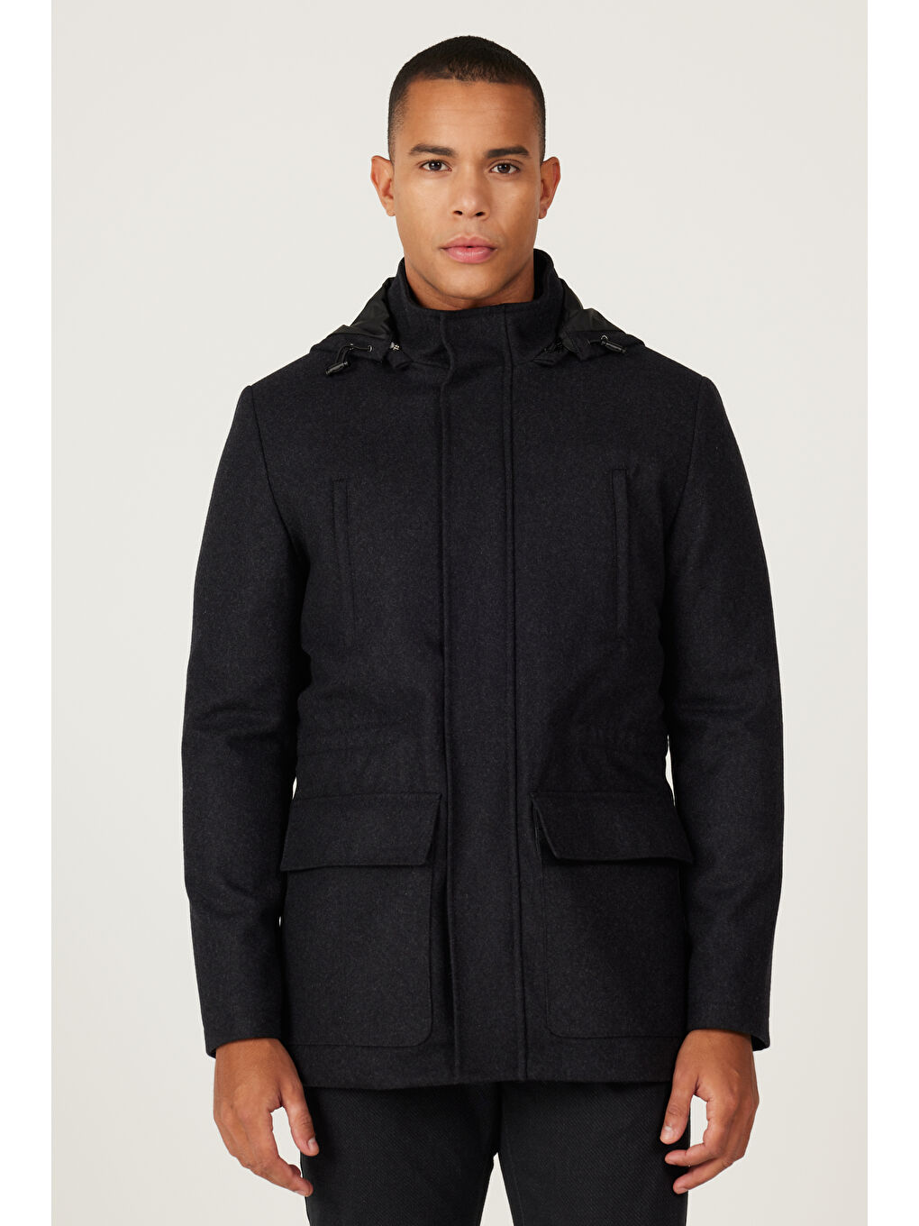 Erkek Antrasit Standart Fit Normal Kesim Çıkma Kapüşonlu Yünlü Kaban