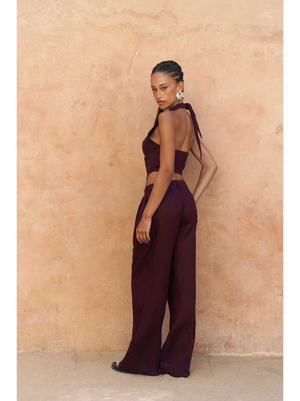 Lvdovila Bordo Keten Crop Yelek Pantolon Takım-1