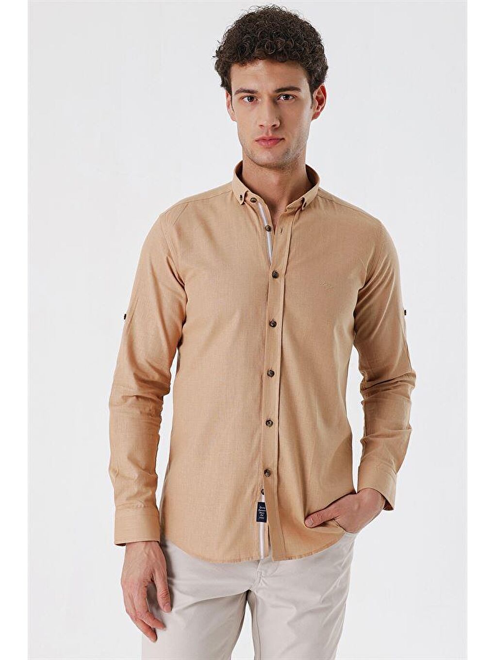 Kahverengi Camel Kısalabilir Kollu Cepsiz Biyeli %100 Pamuk Casual Slim Fit Dar Kesim Gömlek 1004230179