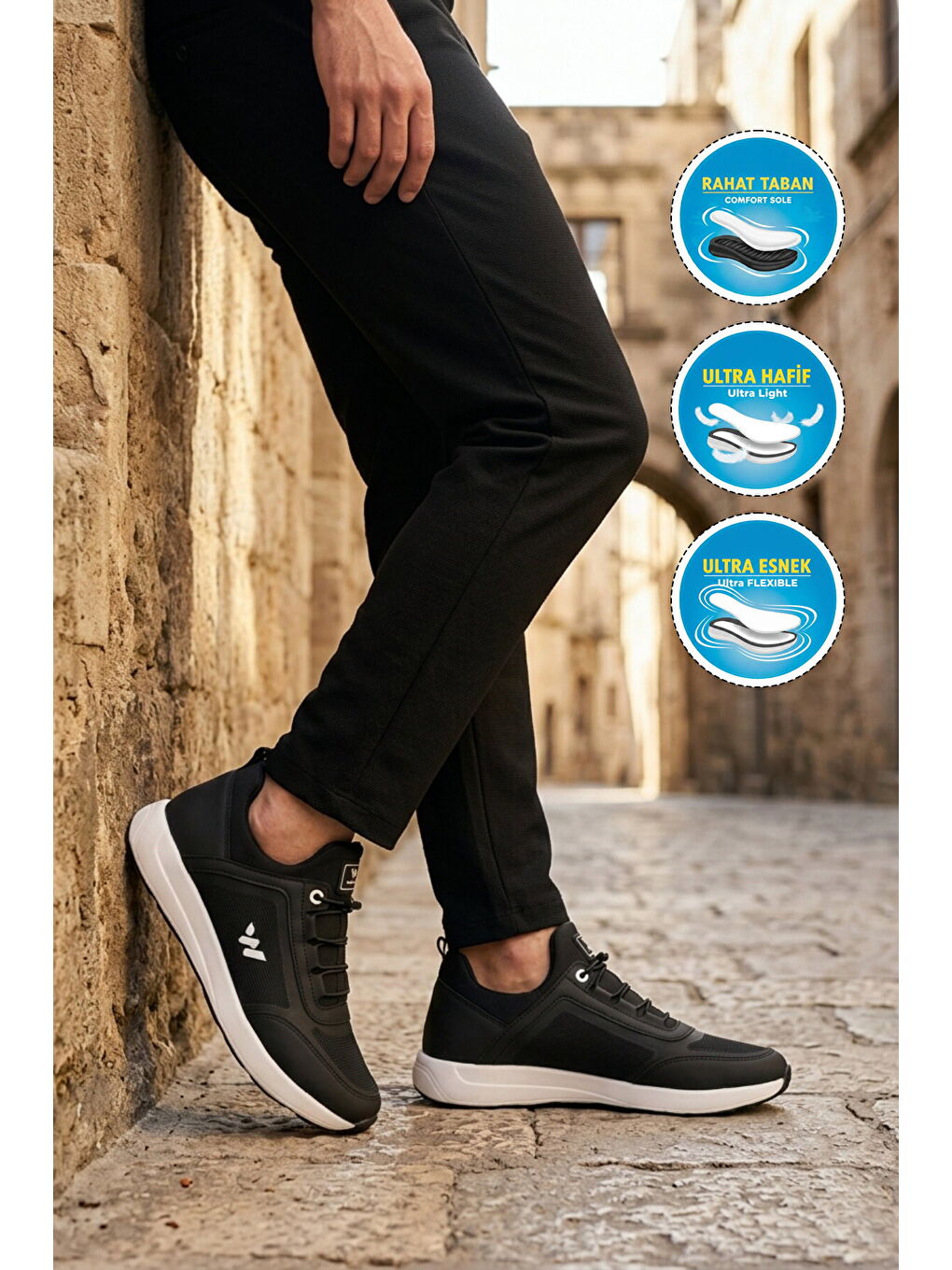Siyah Beyaz Hafif Esnek Kilit Bağcıklı Erkek Spor Ayakkabı Bertina M-2
