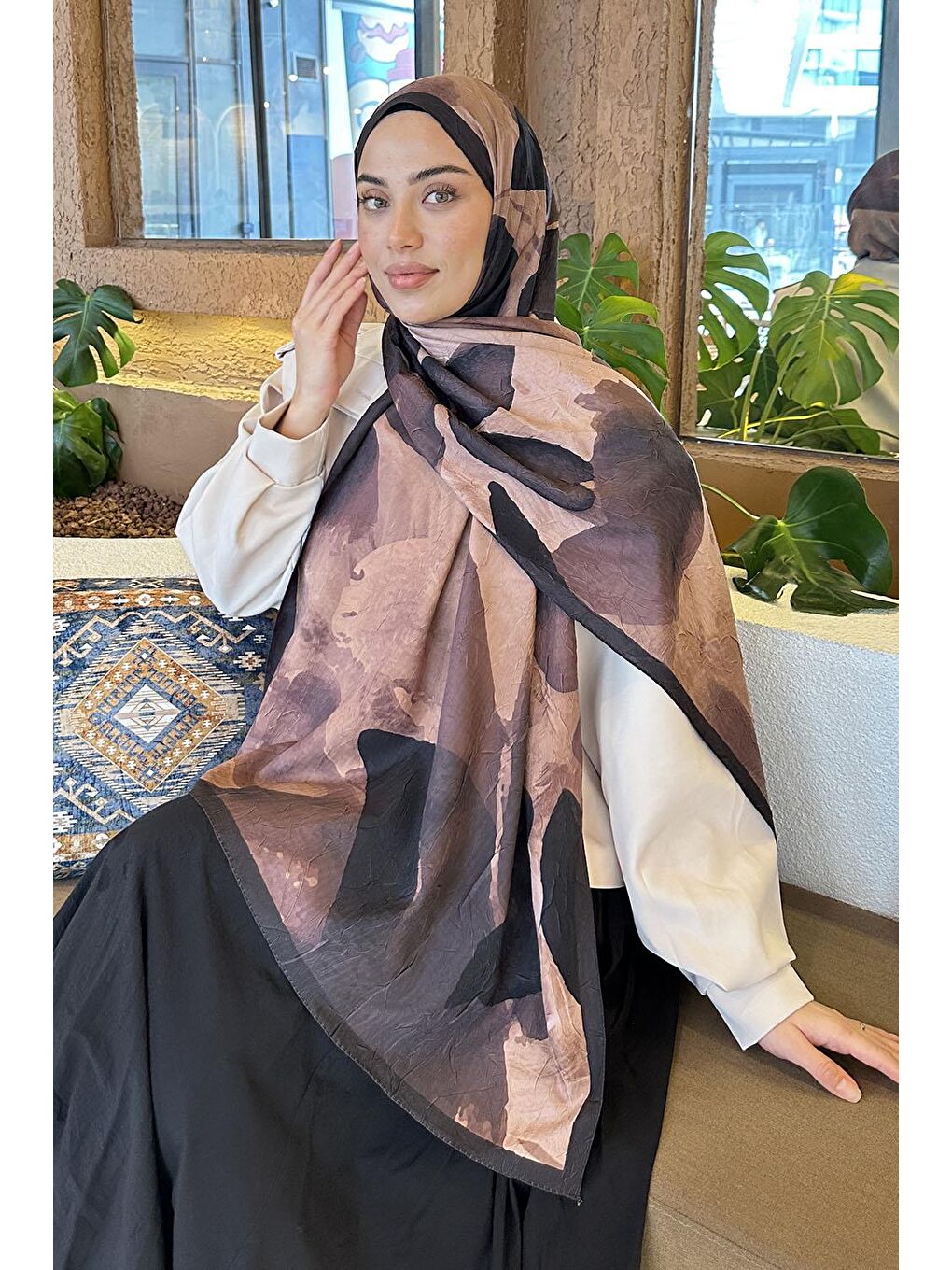 Kahverengi Yaprak Desen Bambu Şal Sütlü Kahve-1