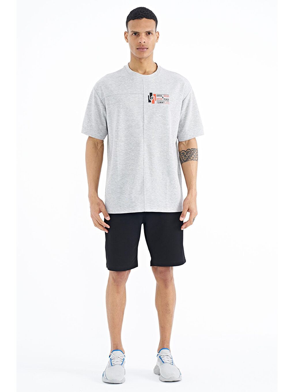 Gri Melanj Yazı Baskı Detaylı O Yaka Oversize Erkek Tişört - 88197-1