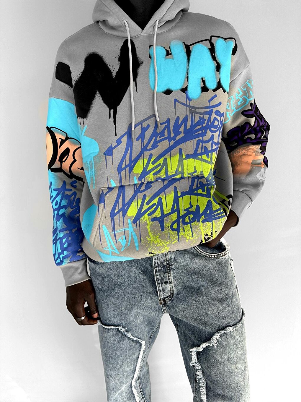 ablukaonline Gri Erkek Oversize Graffiti Kapüşonlu Sweatshirt Gri - 3