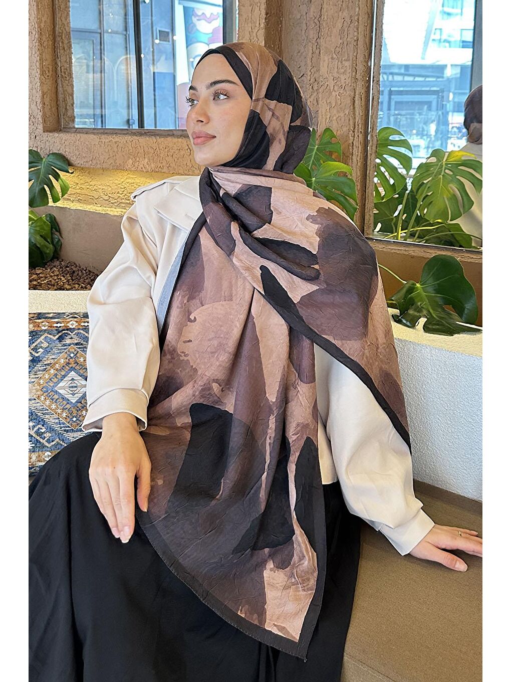 Kahverengi Yaprak Desen Bambu Şal Sütlü Kahve-2