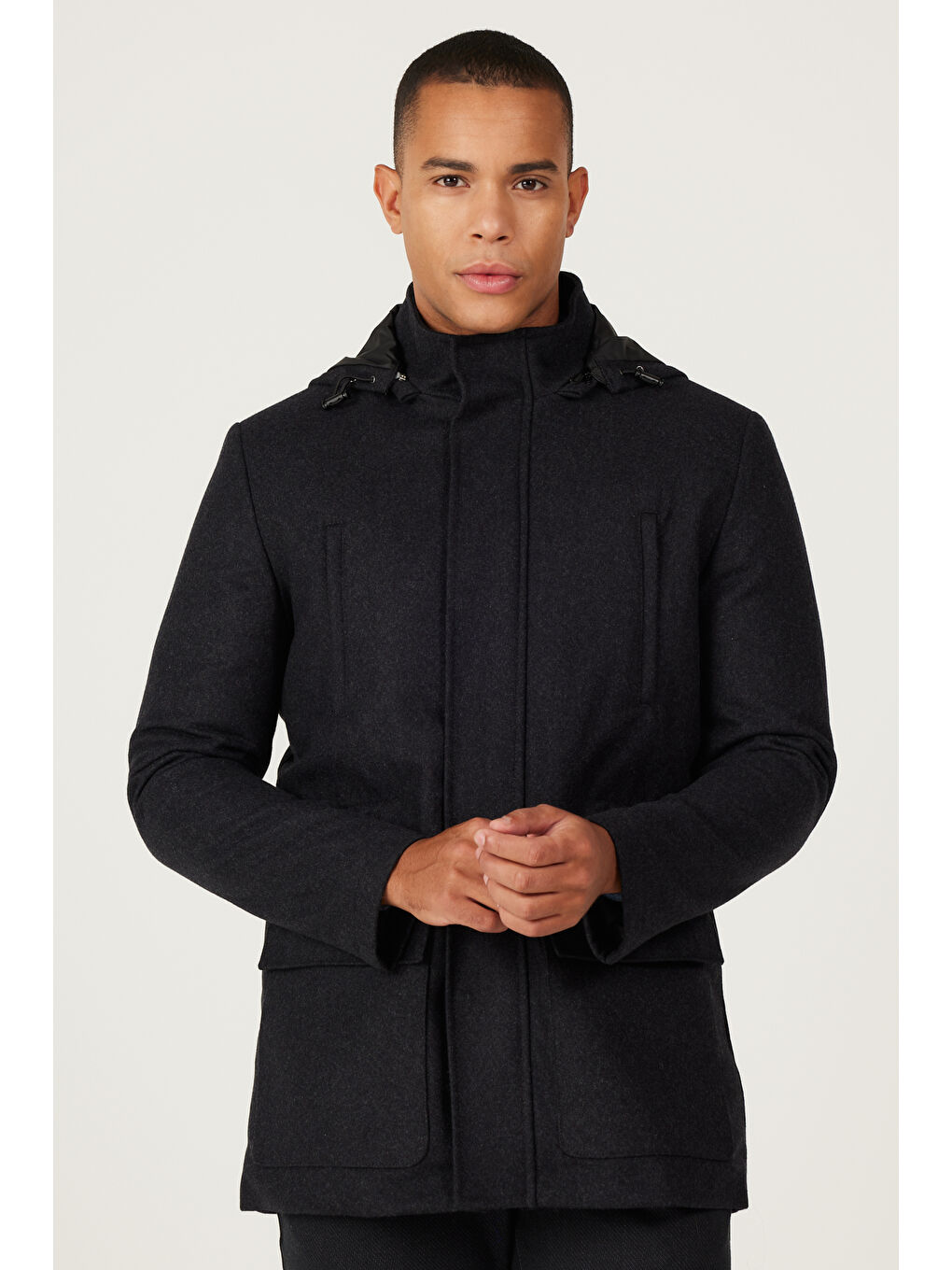 Erkek Antrasit Standart Fit Normal Kesim Çıkma Kapüşonlu Yünlü Kaban-3