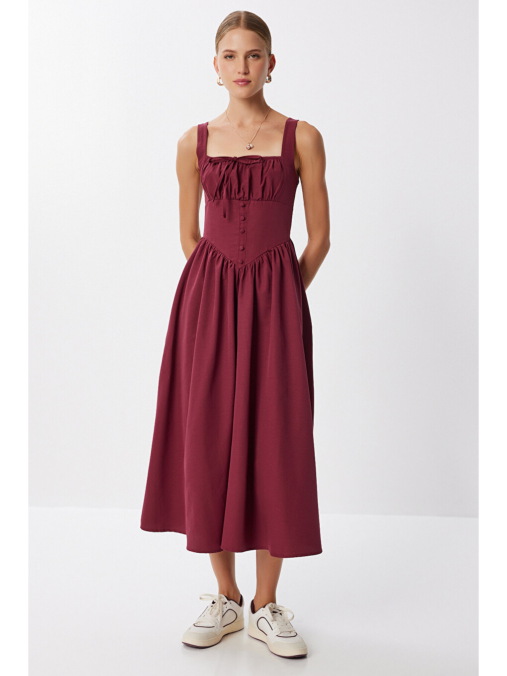Bordo Korse Görünümlü Poplin Midi Elbise BORDO LUB0224-1