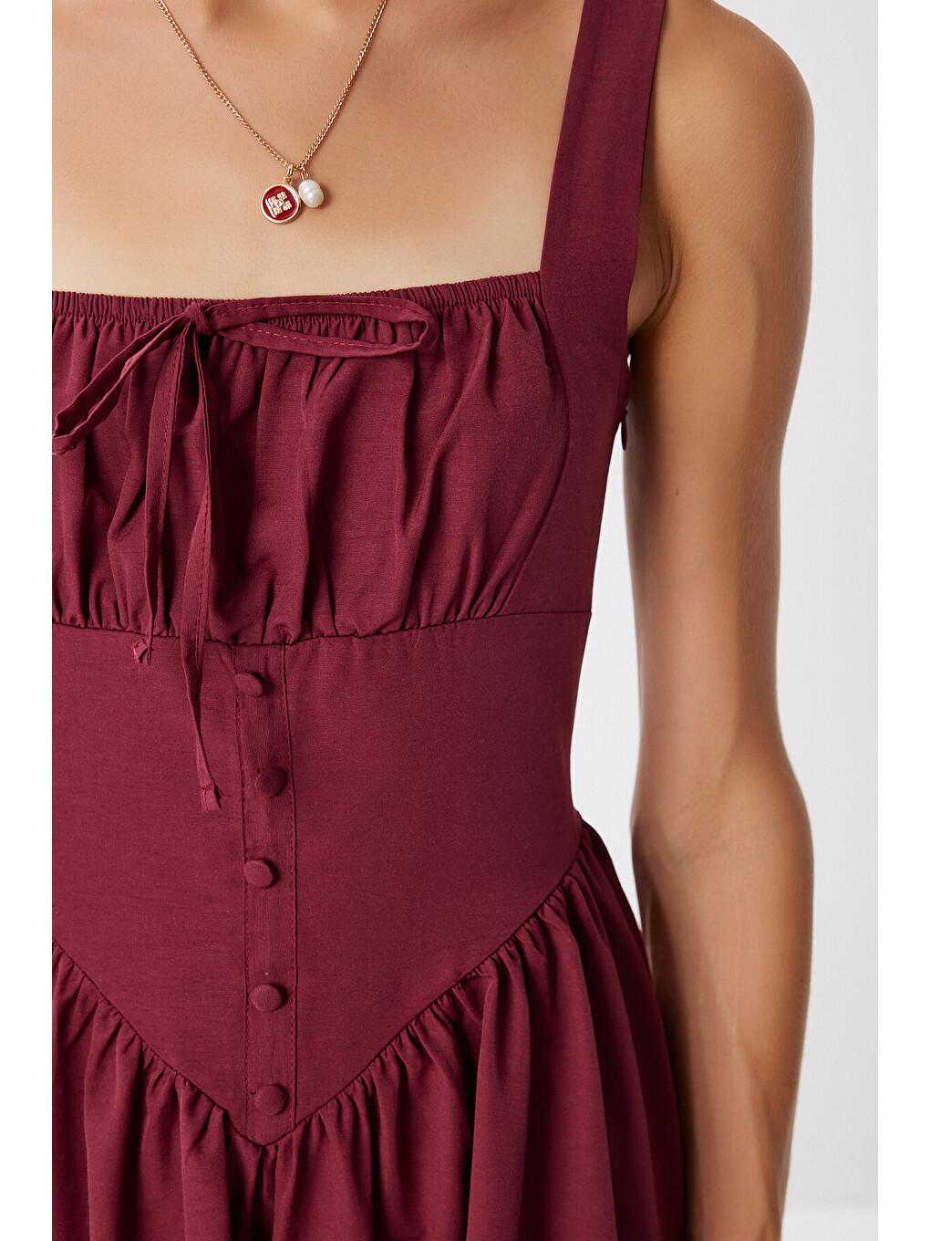 Bordo Korse Görünümlü Poplin Midi Elbise BORDO LUB0224-2