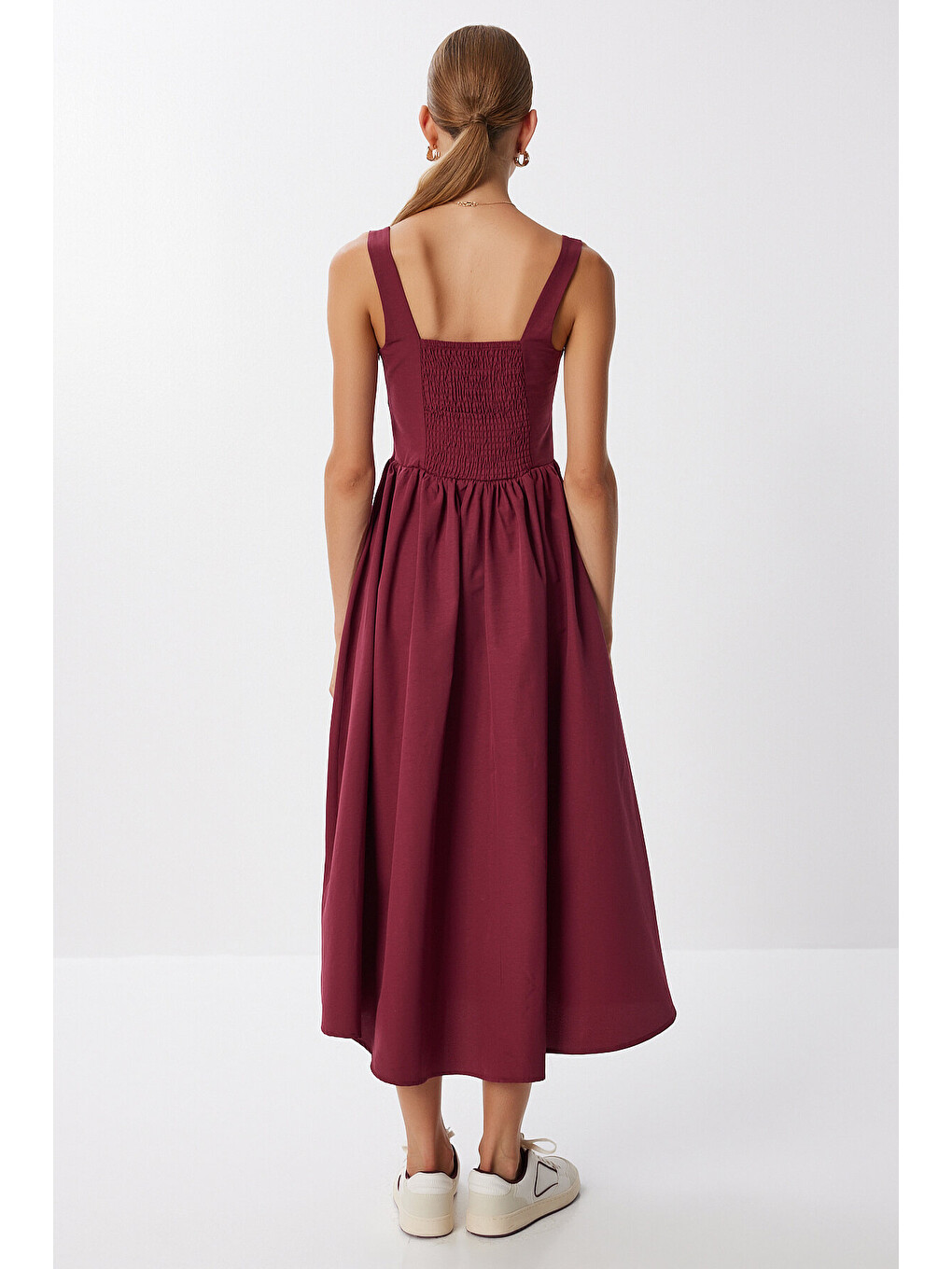 Bordo Korse Görünümlü Poplin Midi Elbise BORDO LUB0224-3