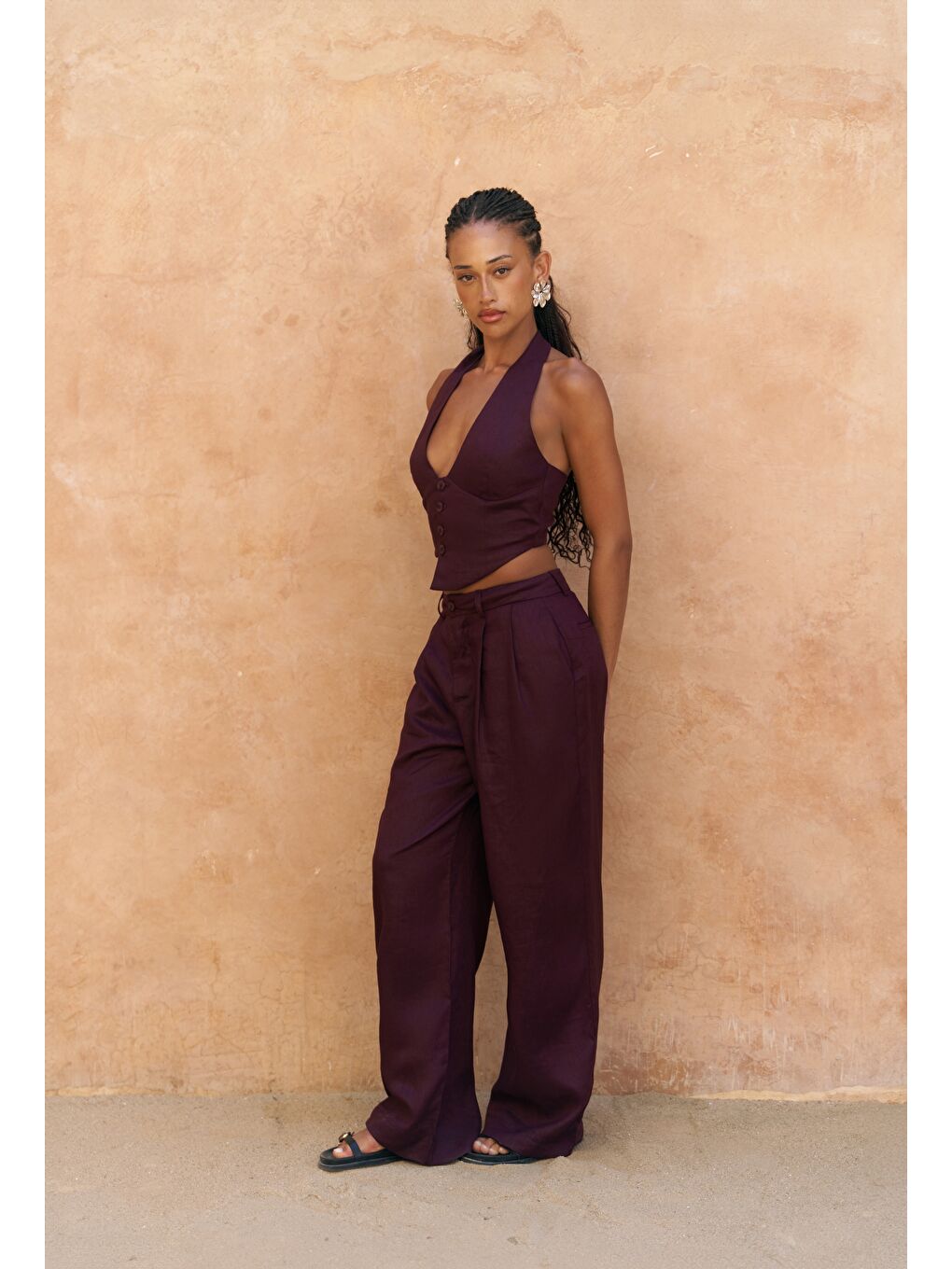 Lvdovila Bordo Keten Crop Yelek Pantolon Takım-2