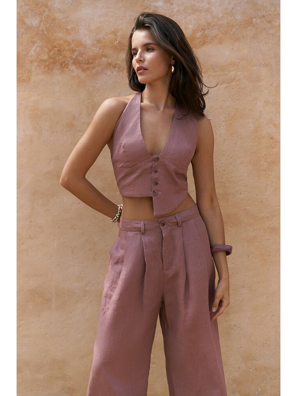 Lvdovila Açık Bordo Keten Crop Yelek Pantolon Takım