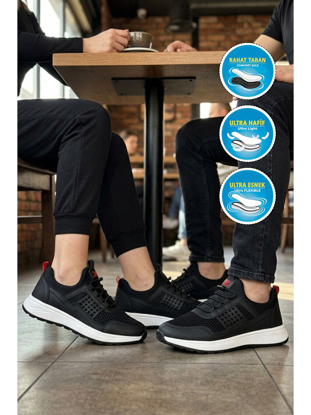 Siyah Beyaz Fileli Hafif Esnek Kilit Bağcıklı Unisex Spor Ayakkabı Motano G-2