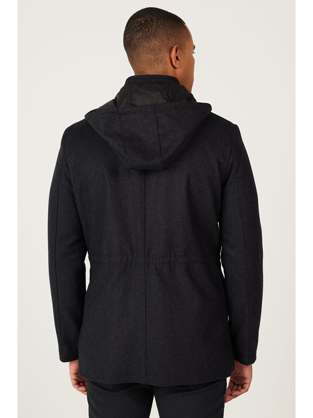 Erkek Antrasit Standart Fit Normal Kesim Çıkma Kapüşonlu Yünlü Kaban-6