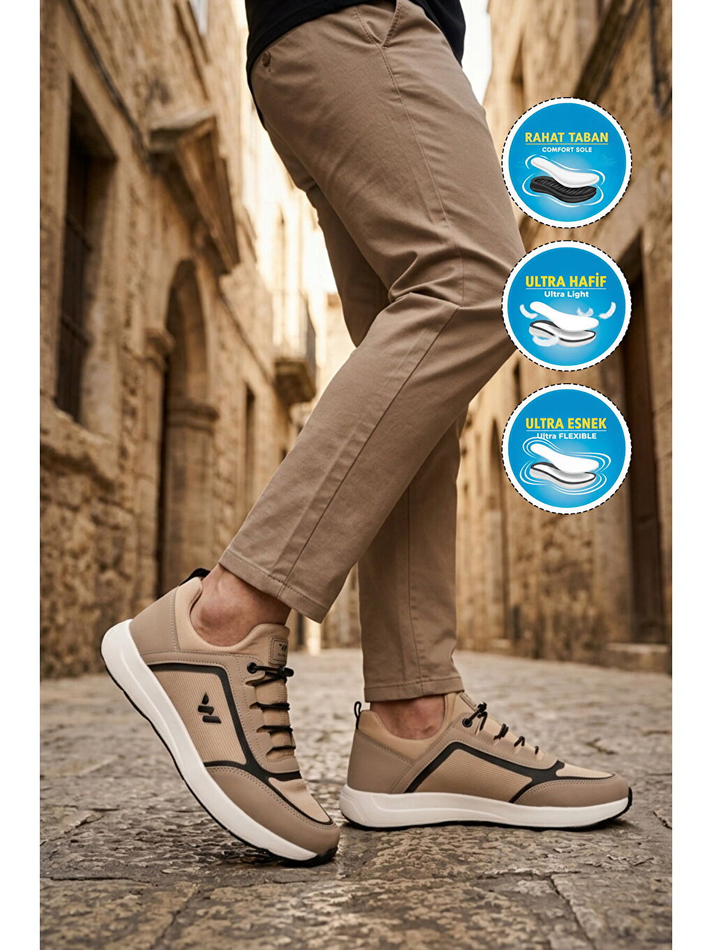 Bej Hafif Esnek Kilit Bağcıklı Erkek Spor Ayakkabı Bertina M-2