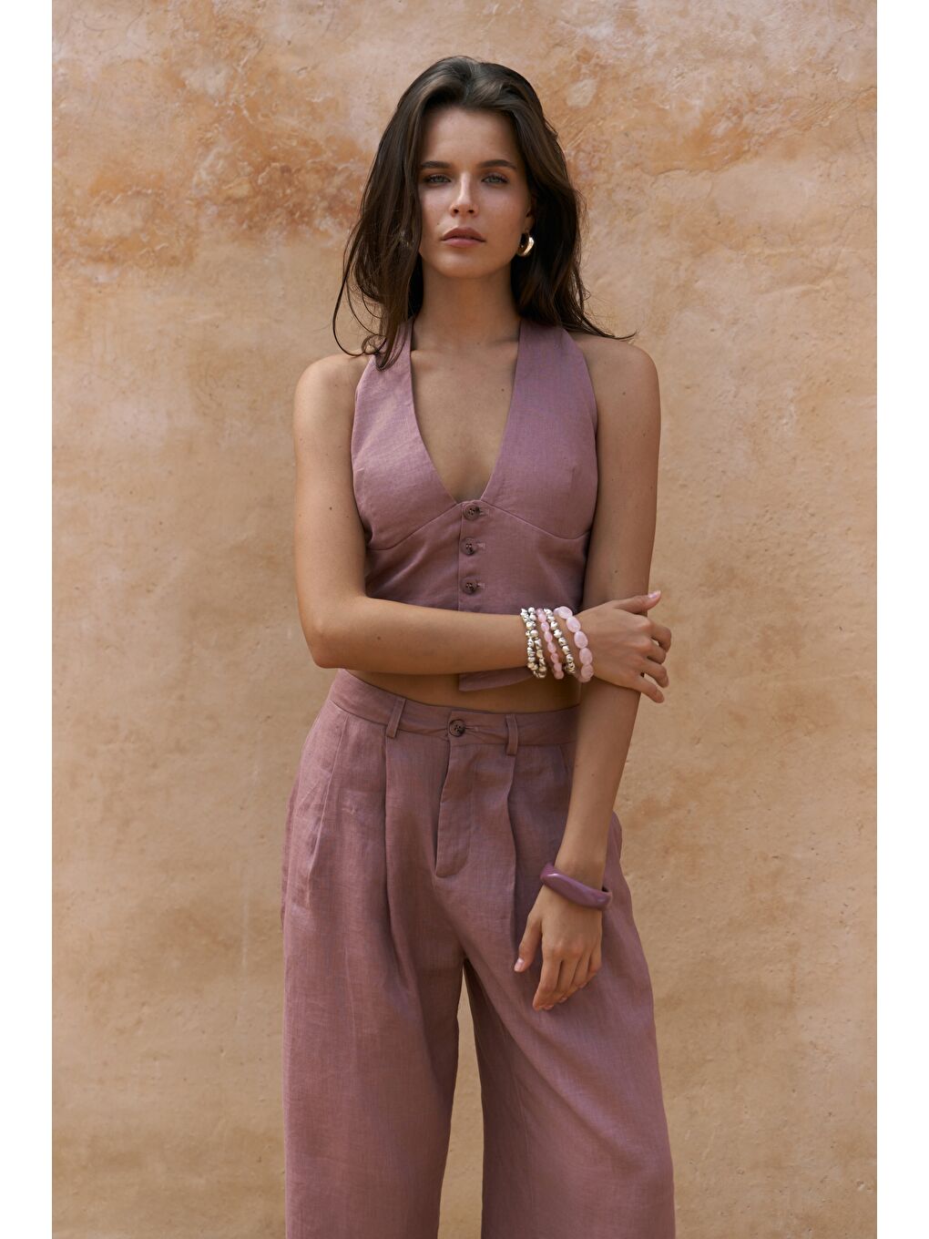 Lvdovila Açık Bordo Keten Crop Yelek Pantolon Takım-1