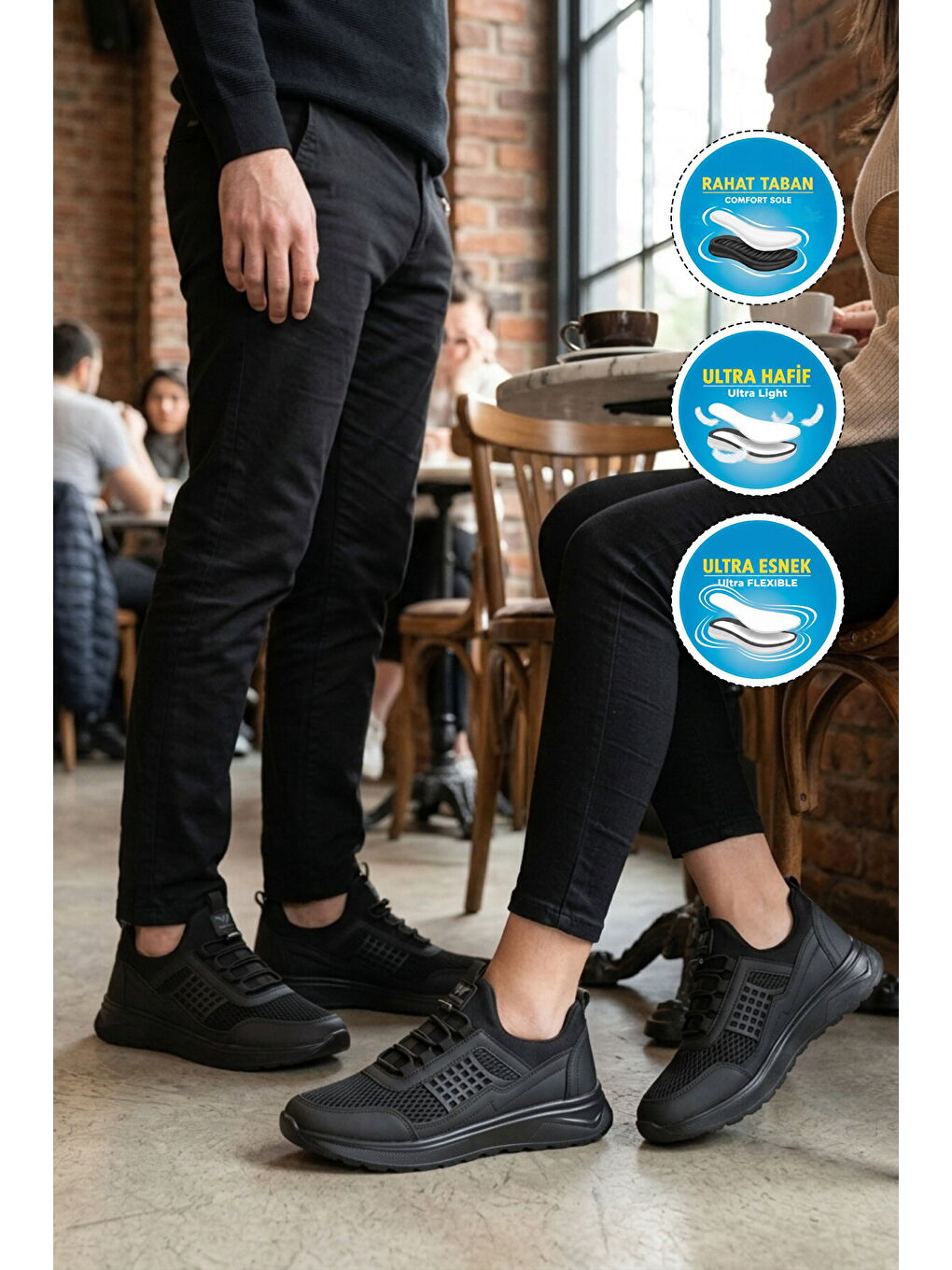 Siyah Fileli Hafif Esnek Kilit Bağcıklı Unisex Spor Ayakkabı Motano G-2