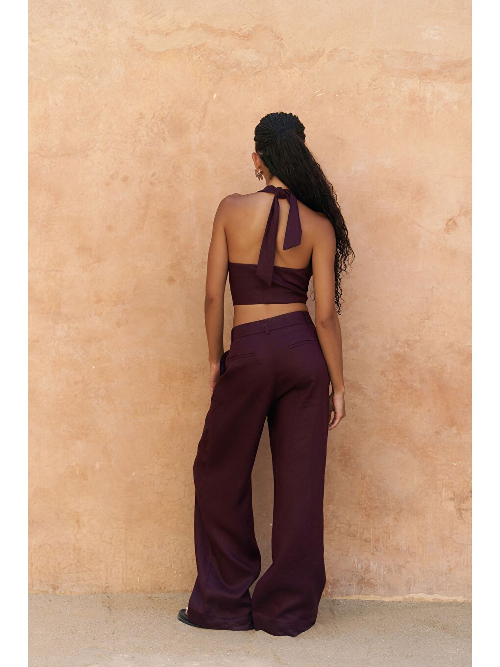 Lvdovila Bordo Keten Crop Yelek Pantolon Takım-4