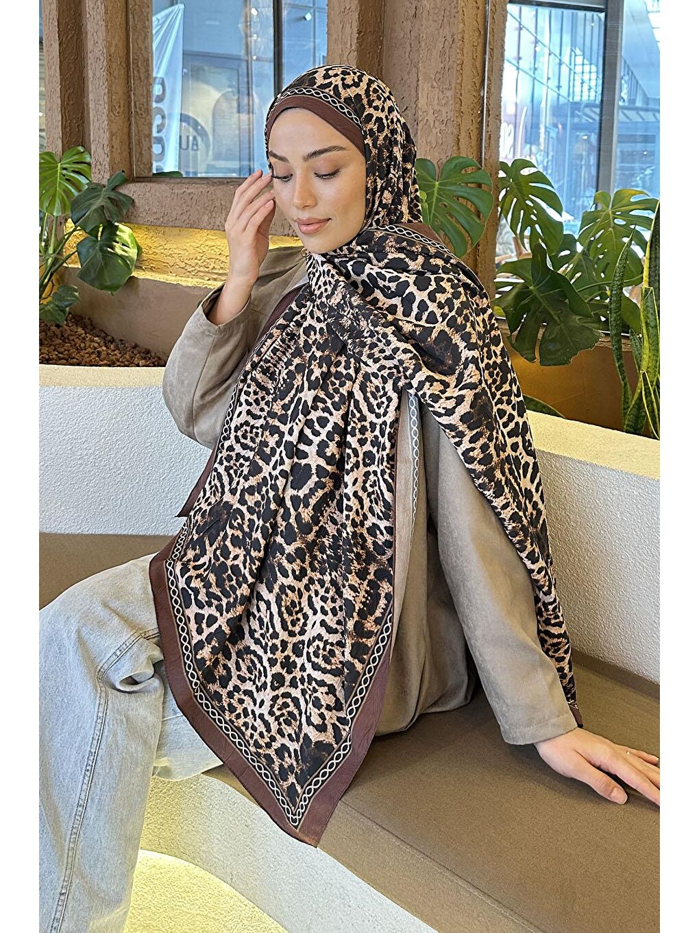 Leopar Desen Bambu Şal Kahverengi-2