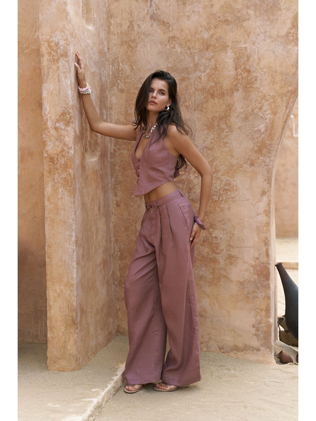 Lvdovila Açık Bordo Keten Crop Yelek Pantolon Takım-2