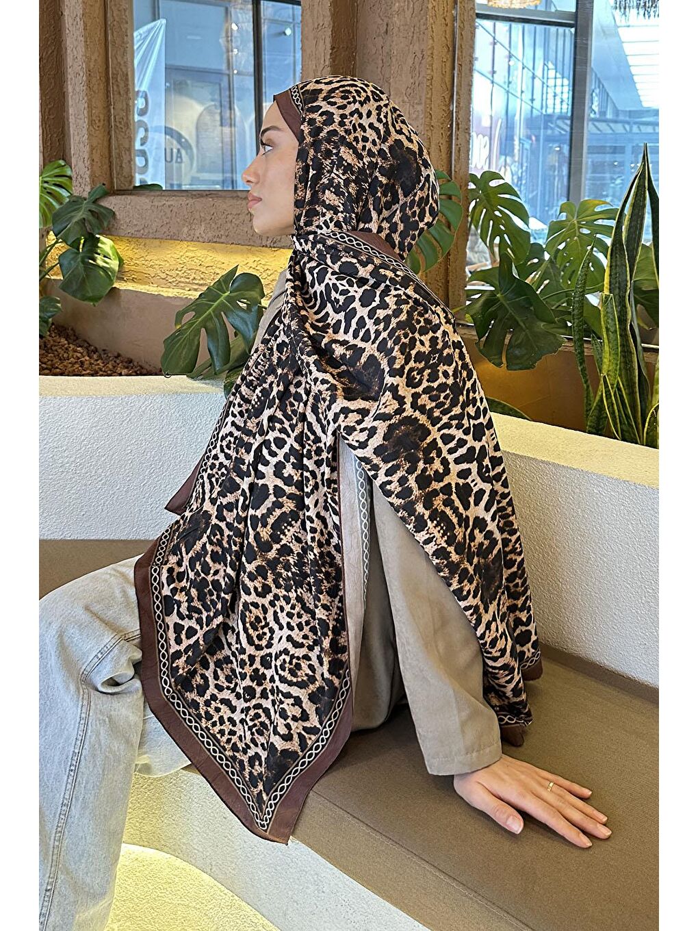 Leopar Desen Bambu Şal Kahverengi-3