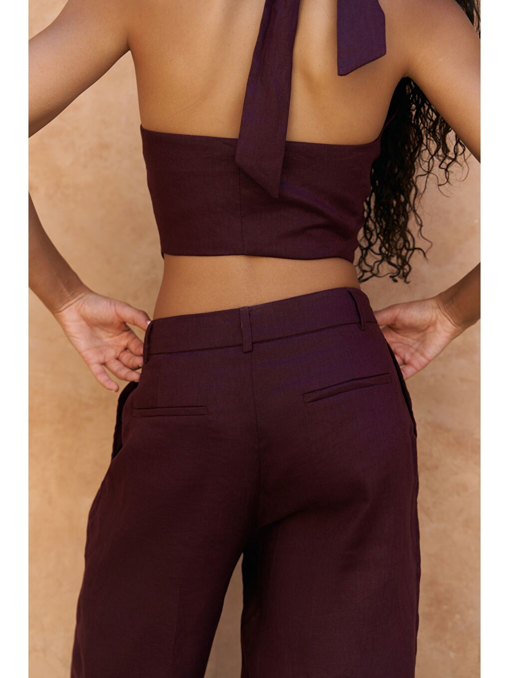 Lvdovila Bordo Keten Crop Yelek Pantolon Takım-5