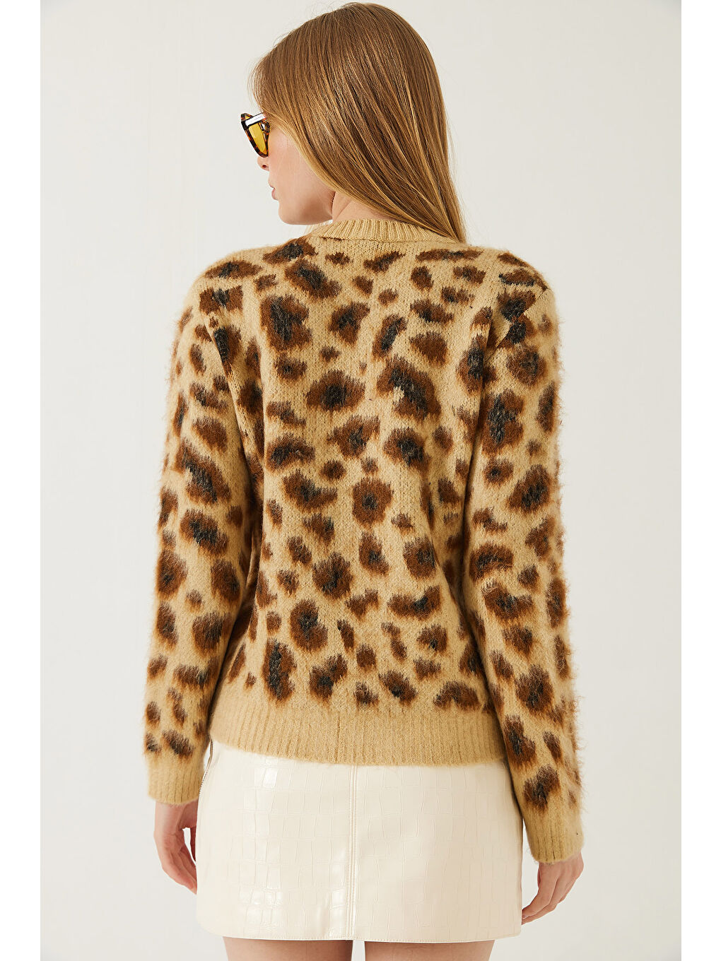 Sarı Kadın Şardonlu Leopar Desenli Triko Kazak-6