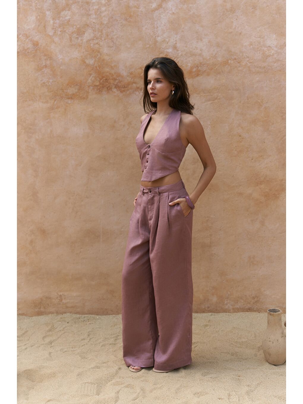 Lvdovila Açık Bordo Keten Crop Yelek Pantolon Takım-3