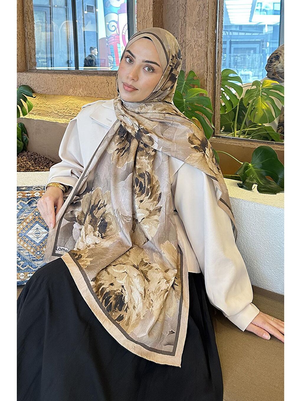 Kahverengi Flower Desen Bambu Şal Camel