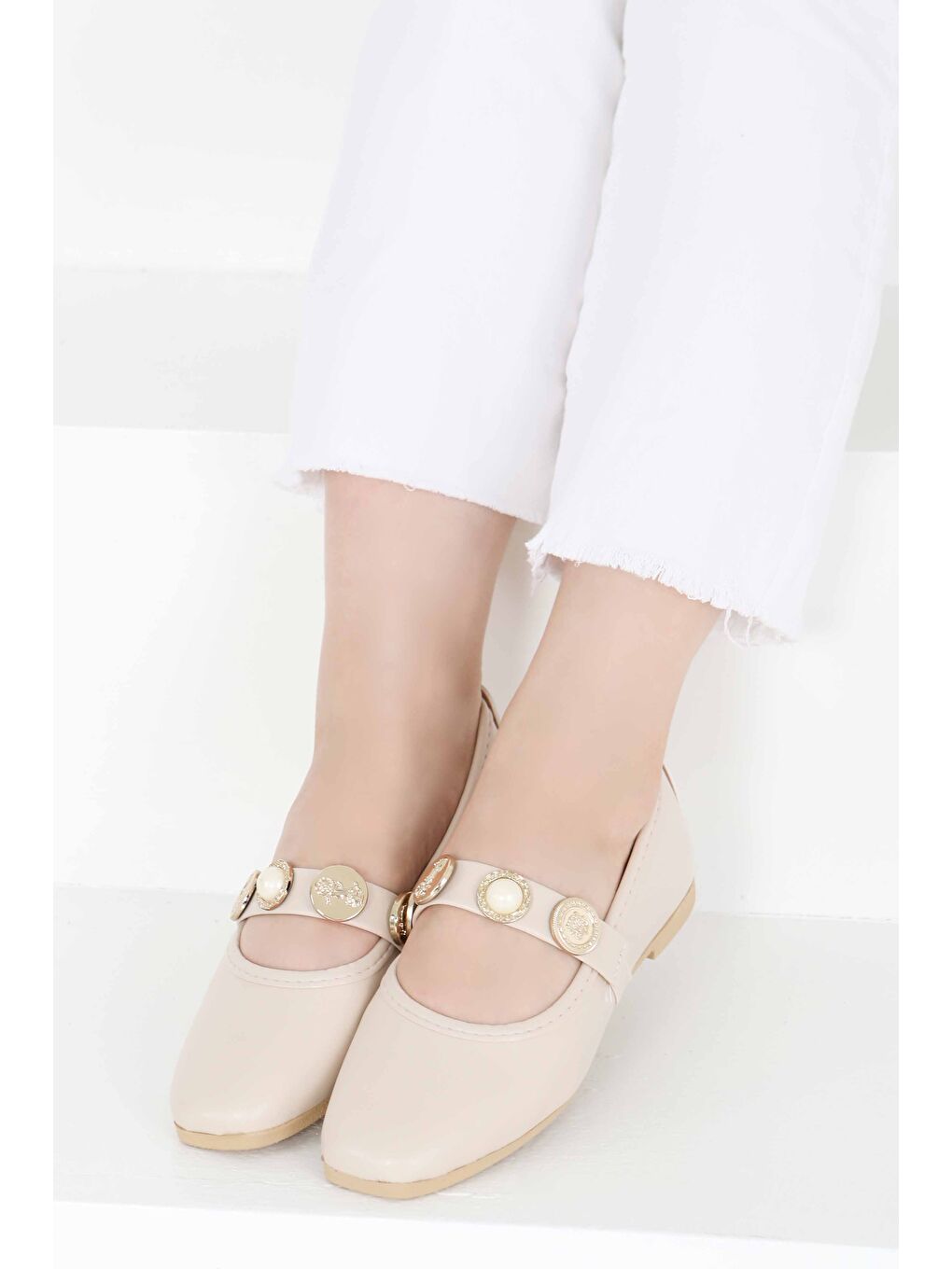 Ekru Kadın Krem İncili Tokalı Babet - 27397-3