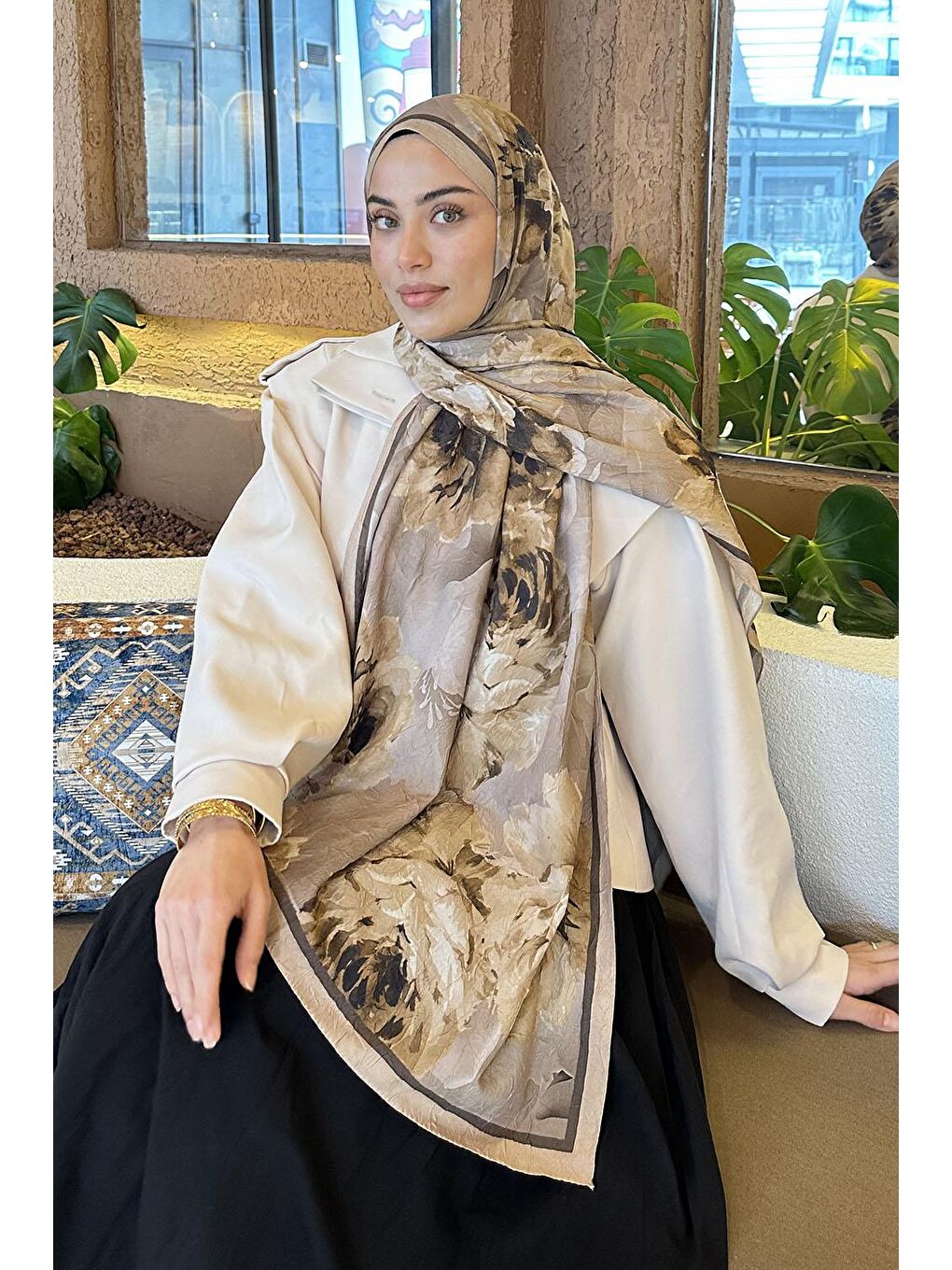 Kahverengi Flower Desen Bambu Şal Camel-1