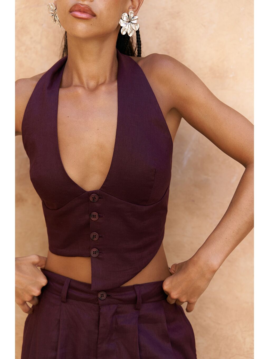 Lvdovila Bordo Keten Crop Yelek Pantolon Takım-6