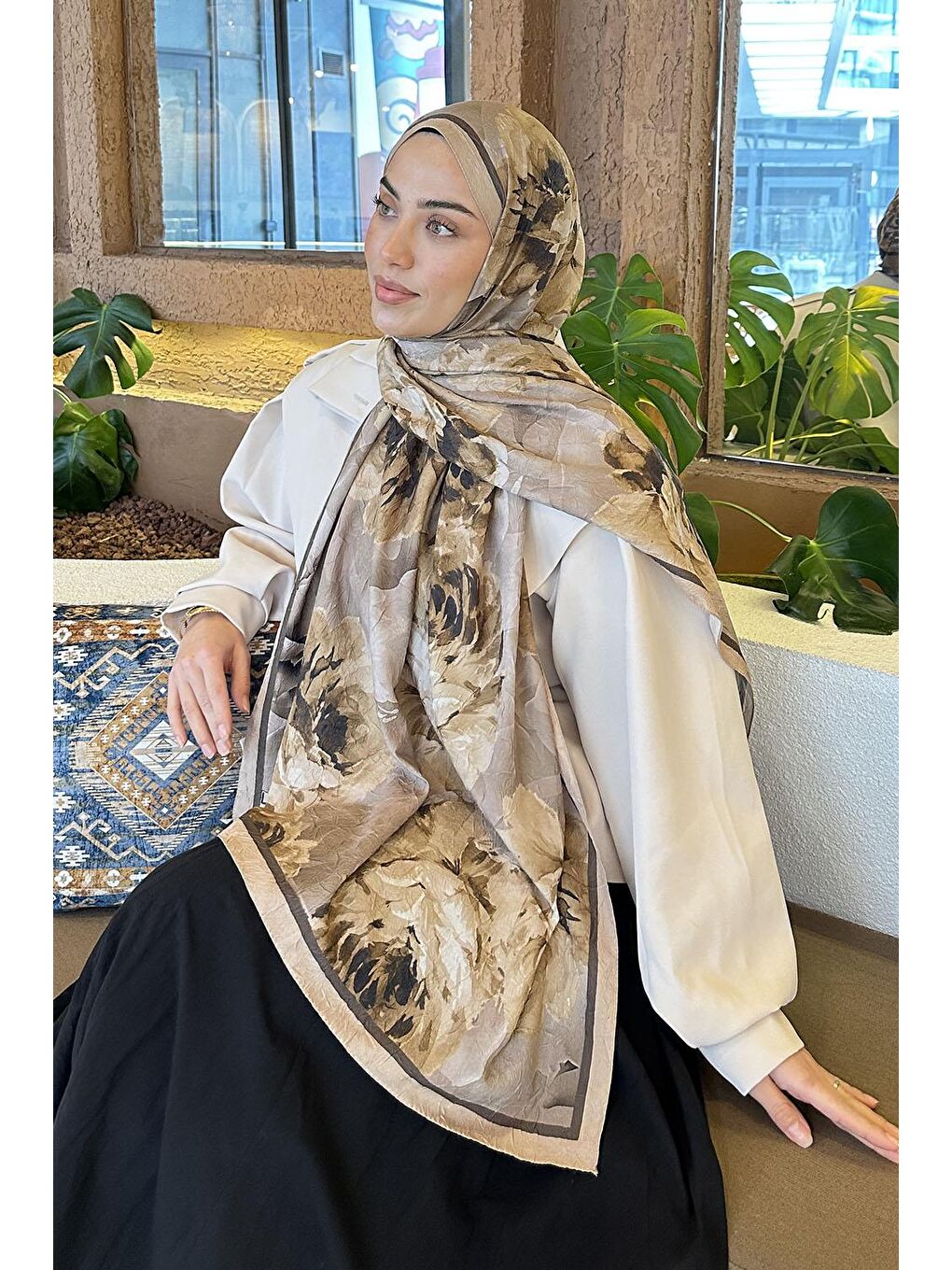 Kahverengi Flower Desen Bambu Şal Camel-2